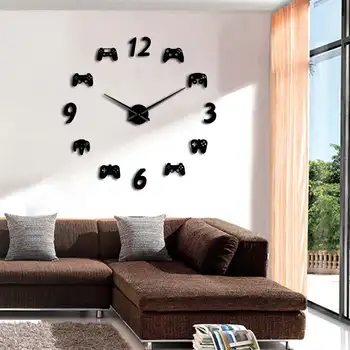 בקרי משחק גדול שעון DIY גדולה קיר שעון 3D מראה קיר מדבקה לצפות Gamepad ענק קיר שעון המשחק חדר עיצוב אמנות