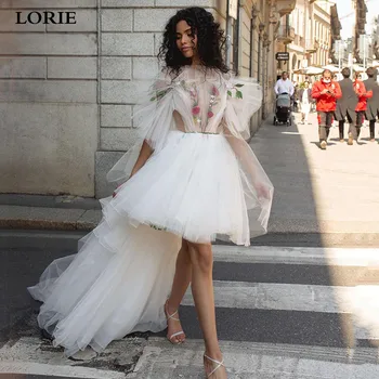 LORIE מיני שמלות חתונה קו מחוץ הכתף 3D פרחים שמלת הכלה עם להסרה רכבת חתונה שמלות נשף 2023