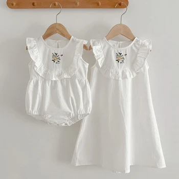 בקיץ הילדים נסיכה שמלות וחולצת כותנה פרחים רקמה תינוקות בנות רומפר אחות בגדי ילדה שמלת מסיבת