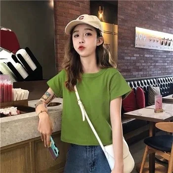נשים קצר חולצת קיץ הגירסה הקוריאנית צבע מוצק כל-התאמה סלים חולצה בנות חדש עם שרוול קצר חולצות נקבה ההגירה Tees