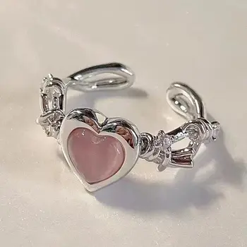 מתכוונן לב הטבעת הוורודה של החתול אבן פתח טבעות לנשים בנות קוריאני סגנון טבעת אצבע 2023 אופנתי חדש תכשיטים מסיבת מתנות