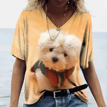 של נשים V-neck העליון הקיץ מגמה שרוול קצר חולצות 3D מצחיק הדפסה הכלב Tees אופנה מזדמן Harajuku חופשי קט Y2K בגדים