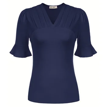 גרייס קארין נשים קפלים כותנה חולצה נוחה 1/2 בל השרוול V-צוואר לכל היותר מוצק Ruch Slim Fit חולצות אלגנטיות להניח Workwear A30