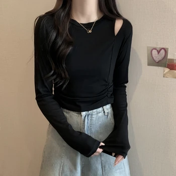 הכתף מחוץ Y2K חולצה אישה סקסית שרוול ארוך גזורה נשים אופנה קוריאנית. שלום. שלום-מפה סתיו חורף חולצת טריקו פאטאל בגדים