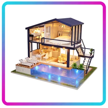 DIY 3D עץ הבובות Mini הבית ריהוט הדירה בובה פנטהאוז רהיטים בריכת שחייה ילדה ילדים מתנה צעצועים חינוכיים