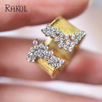RAKOL צבע זהב שבור פתוח טבעות אופנה חדשה לנשים מתכוונן טבעת אצבע יוקרה זרקונים מסיבת תכשיטים מתנה