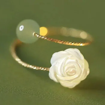 בציר אופנה חוטאן ג ' ייד לבן רוז פרח פתוח טבעות נשים טבעת מתכווננת יוקרה מסיבת חתונה תכשיטי מתנה Anillo Mujer