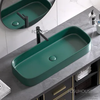 סגנון אירופאי קרמיקה אגן מלבני פשוט חרס גדול כיור אמבטיה ריהוט זמן מט ירוק כהה Bassin הכיור