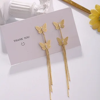 אופנה חדשה קריסטל פרפר זרוק עגילים לנשים קוריאנית אלגנטי זהב צבע ציצית זמן עגיל יוקרה תכשיטים לחתונה מתנה