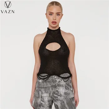 VAZN 2023 חלול החוצה צבע טהור סקסי אופנה חמה למכירה נשים קצר אפוד סקסיות מועדון מסיבה בסגנון צוואר עגול קצר האפוד