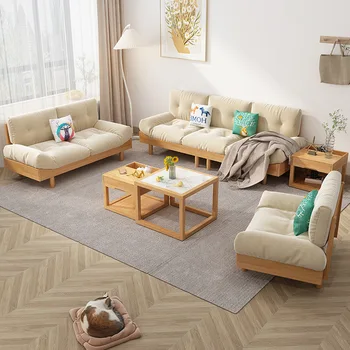 ענן ספה, עץ מלא, בד איטלקי מינימליסטי יחידה קטנה הרהיטים בסלון, עץ טבעי, שמנת בסגנון מודרני ומינימום