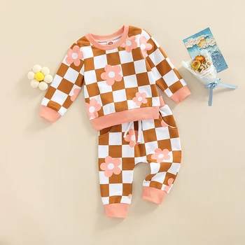 FOCUSNORM 0-3Y תינוק בייבי בנות בנים 2pcs בגדים ערכות שחמט פרח מודפסות שרוול ארוך חולצות+כיסי מכנסיים ארוכים