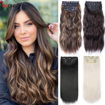Leeons 11 קליפים הארכת שיער גלי ארוך שיער סינתטי עמיד בפני חום הפאה טבעי גלי Ombre חתיכת שיער 4Pcs/סט 20