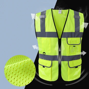 רשת וסט כתום לעבודה חיצונית חגורת בטיחות עם רוכסן שלום מול עובד וסט גברים Workwear עם הרבה כיסים בגדי בטיחות