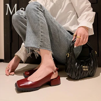 עקבים גבוהים נשים אופנה Baotou סנדלים התחתונה עבה בוהן מרובע אלגנטי מודרני סנדלי עור אמיתי A38