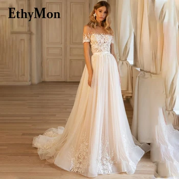 Ethymon הסירה צוואר שמלת החתונה 2023 שמלת כלה רכבת משפט כפתור קצר השרוול קו A אפליקציות Vestidos דה נוביה בהזמנה אישית