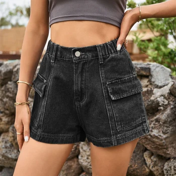 נשים סקסי ג 'ינס מכנסיים קצרים בצבע מלא בנות קיץ ג' ינס קצרים לחצן רוכסן קו מותן גבוה אופנת רחוב תלבושת
