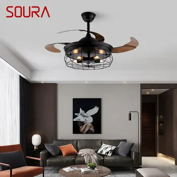 SOURA רטרו מאוורר תקרה אור תעשייתי LED שחור מתכת מנורה עם שלט רחוק עבור בית חדר שינה לופט