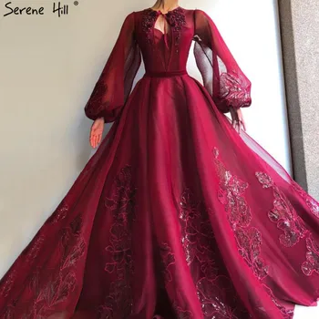 יין אדום שרוול ארוך סקסי שמלות ערב 2023 פרחים בעבודת יד טול נצנצים לבוש רשמי שלווה היל LA60810