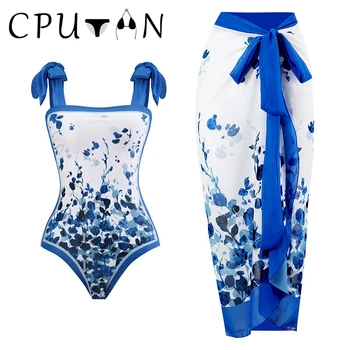 CPUTAN 2023 הכחול החדש סקסית חתיכה אחת בגד ים ביקיני עם חצאית פרחוני לנשים בציר הדפסה בגדי ים 3D פרח בגד ים שמלה
