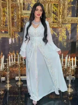 יוקרה בדובאי הערבי השרוול הארוך V-צוואר שמלת ערב המדבקה בעבודת יד חרוזים רשמית אירוע Porm השמלה התאמה אישית فساتين السهرة