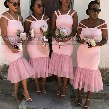 אור ורוד חצוצרת שמלות השושבינה תה אורך כפול רצועות ספגטי אפריקה בנות בת ים מסיבת חתונה שמלת נשף רשמית