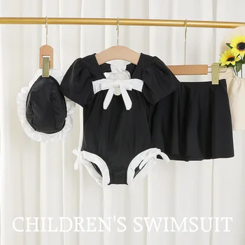 3Pcs בנות ביקיני סטים בסגנון קוריאני בגדי ים לתינוקות מוצק בגד גוף + קפלים חצאית + שמש כובעי תינוק בגד ים לתינוק Beachwear
