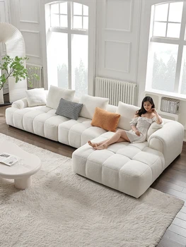 קרם סגנון ישר בד הספה משפחתי קטן סלון לבן פשוט המודרנית פאף טכנולוגיה פלנלית נטו על הספה האדומה