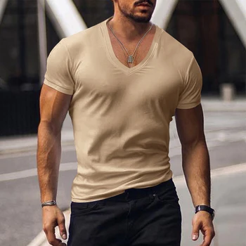 גברים שרוול קצר חולצה כושר פיתוח גוף, שרירים מקסימום סקסית צוואר V טי העליון מקרית מוצק סוודר חולצה חולצות