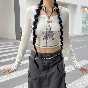 Y2K בגדים כוכב גרפי גראנג הקיץ בייבי טי יבול מקסימום 2000 אופנת רחוב Harajuku גותי שרוולים ארוכים חולצות emo גראנג'