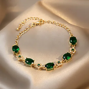 RACHELZ אופנה מעולה ירוק קריסטל צמיד אלגנטי ברקת מבריק כיכר זירקון צמידים לנשים תכשיטים מתנה