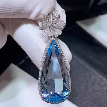 H619 תכשיטים יפים 8K זהב לבן AU750 טבעי כחול תרשיש 17.25 ct אבני חן, יהלומים גברת תליונים עבור נשים בסדר השרשרת