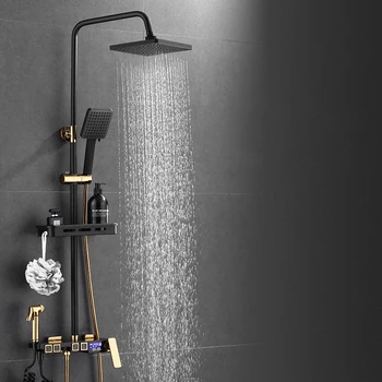 LED דיגיטלי מקלחת להגדיר מערכת חם קר הברז בשירותים זהב שחור אמבטיה ברז פליז גשם מערבל מקלחת אמבטיה Thermostatic