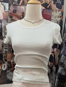 בציר כותנה פסים סלים Tees נשים קיץ קלאסי צוואר עגול יומיומי שרוול קצר חולצות שיק Harajuku חמוד Y2k מקסימום נקבה