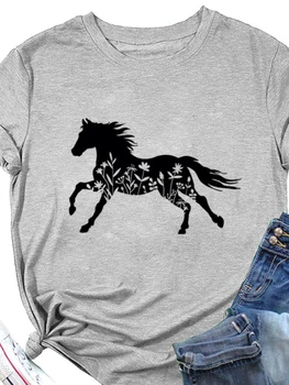 גבירותיי חולצת טריקו חולצות בגדים Camisetas Mujer צמח בר סוס הדפסה נשים חולצת שרוול קצר או צוואר רופף נשים חולצת טי