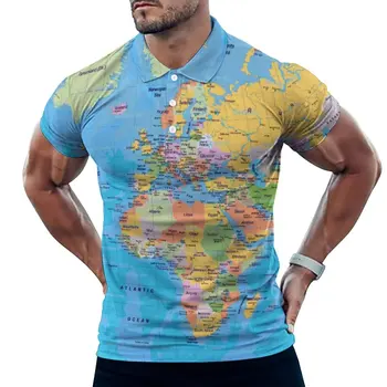 כדור הארץ מפת חולצת פולו מפות עולם ההדפסה מזדמן חולצת תאריך בציר חולצות עם שרוולים קצרים הצווארון להנמיך גרפי מנופחים לכל היותר