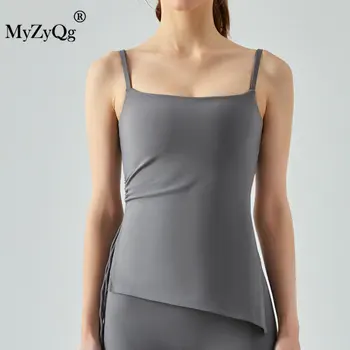 MyZyQg נשים חד-צדדי, קפלים יוגה חולצות סלים ספורט תחתונים צד שסף פועל כושר האפוד עם משטח חזה Camis גופיות