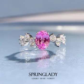 SpringLady החדש 925 כסף 1 קראט בצורת ביצה 6*8 ורוד טבעת יהלום נקבה ההגירה סגנון אופנה כל-התאמת טבעות נישואין לנשים