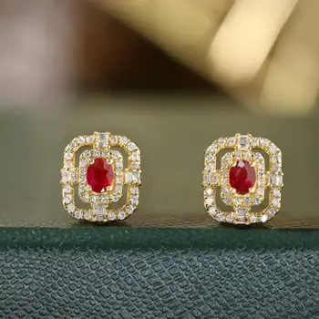 DSY מוצק 18K זהב צהוב הטבע אדום רובי 0.4 ct יהלומים חתיכים עגילי לנשים תכשיטים יפים מתנות יום הולדת