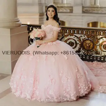 ורוד נסיכה הטקס שמלות שמלת נשף מחוץ כתף 3D רוז פרחים נפוח מתוק 16 להתלבש סלבריטאים מסיבת סיום שמלות
