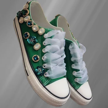 ירוק-נמוך העליון הסרט ריינסטון נעלי בד נעלי ספורט הליכה נוח עבודת יד בסרט ריינסטון גופר, נעליים 35-46
