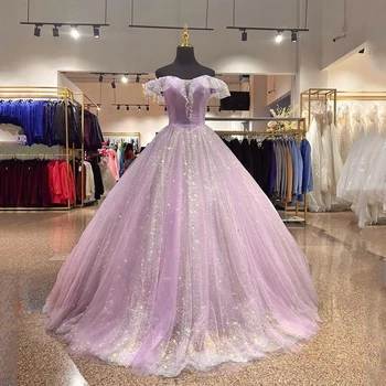 לילך לבנדר מבריק הנסיכה הטקס השמלות כתף 3D אפליקציה חרוזים תחרה למעלה מחוך לנשף מנינאס דה-15 anos